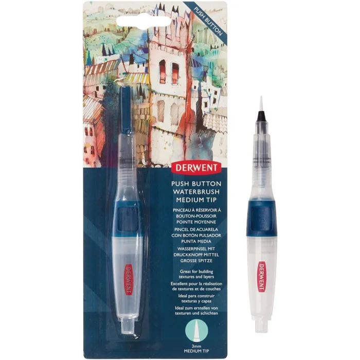 Derwent Push Button Waterbrush Akış Kontrollü Su Hazneli Sulu Boya Fırçası Medium Tip (Orta Uç)