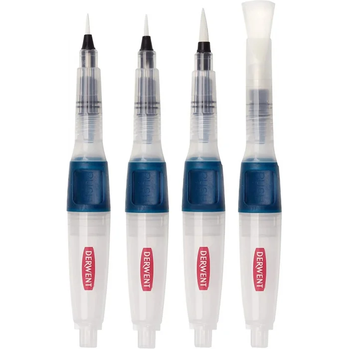 Derwent Push Button Waterbrush Akış Kontrollü Su Hazneli Sulu Boya Fırçası Seti 4 Boy