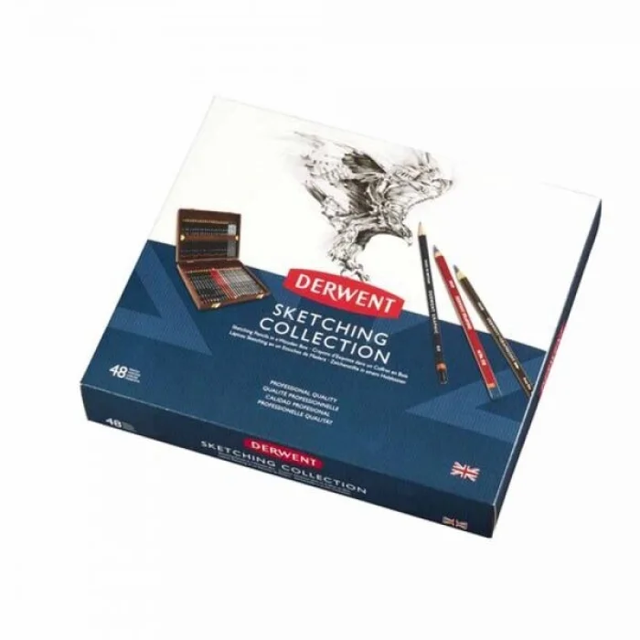 Derwent Sketching Pencils Karakalem Eskiz Çizim Kalemi Seti 48li Ahşap Kutu