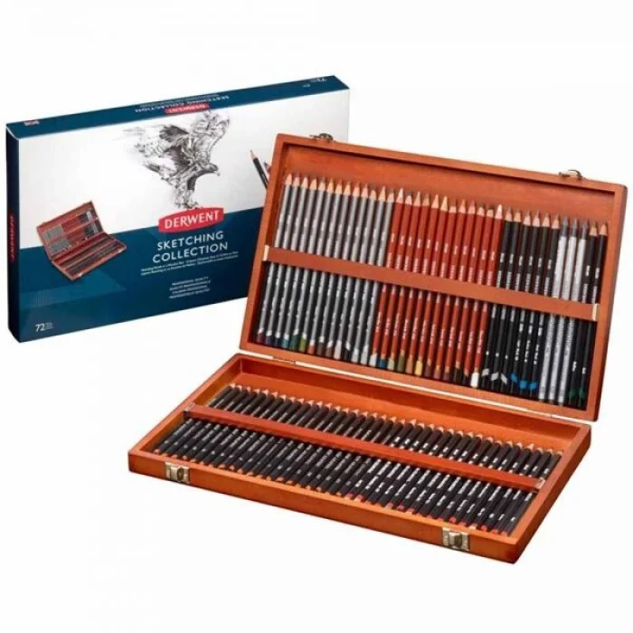 Derwent Sketching Pencils Karakalem Eskiz Çizim Kalemi Seti 72li Ahşap Kutu