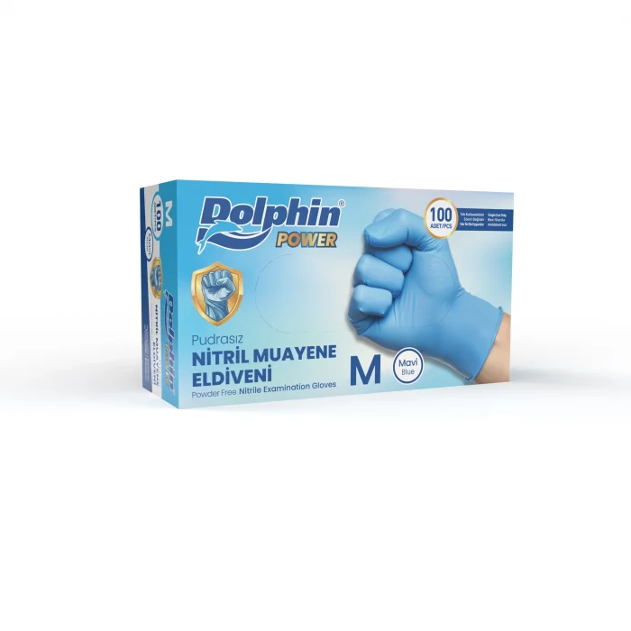 Dolphin Nitril Muayene Eldiveni Pudrasız Kalın Mavi M Beden 100 Adet-M