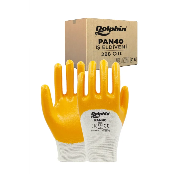 Dolphin Pamuk Nitril İş Eldiveni Beyaz/Sarı PAN40 10-XL 288 Çift - Koli