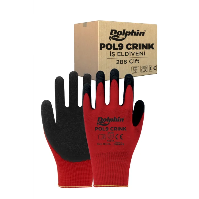 Dolphin Polyester Lateks İş Eldiveni Kırmızı/Siyah POL9 CRINK 10-XL 288 Çift - Koli