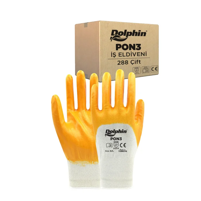 Dolphin Polyester Nitril İş Eldiveni Beyaz/Sarı PON3 9-L 288 Çift - Koli