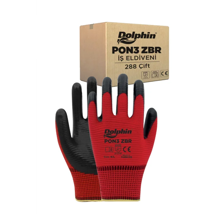 Dolphin Polyester Nitril İş Eldiveni Kırmızı/Siyah PON3 ZBR 9-L 288 Çift - Koli