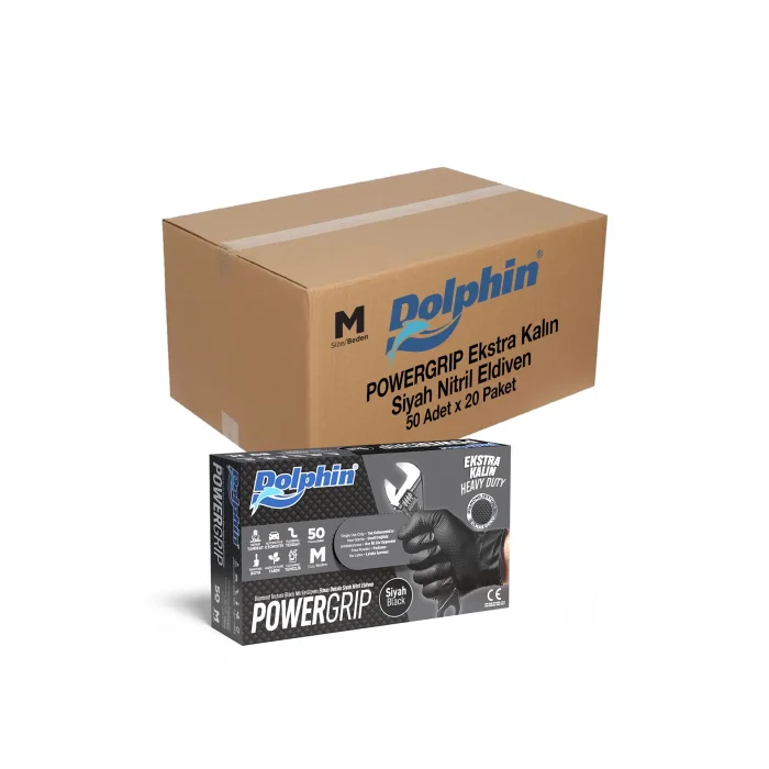 Dolphin PowerGrip Ekstra Kalın Siyah Nitril Eldiven Elmas Dokulu M 50 Adet x 20 Paket - Koli