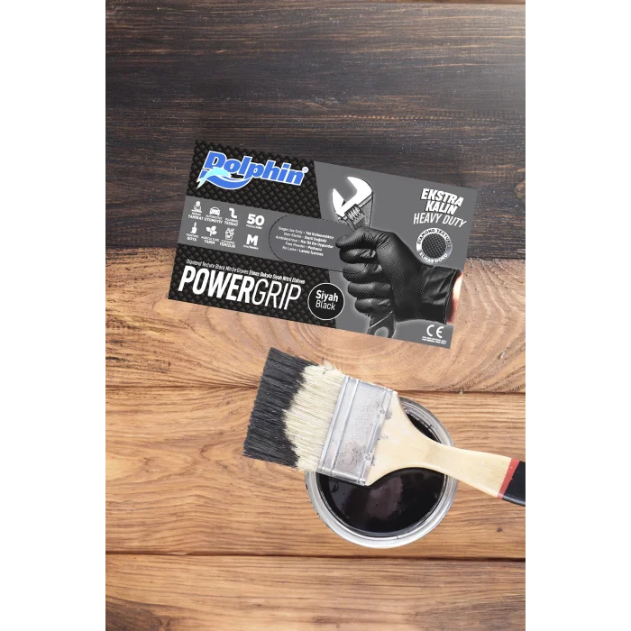 Dolphin PowerGrip Ekstra Kalın Siyah Nitril Eldiven Elmas Dokulu M 50 Adet x 20 Paket - Koli