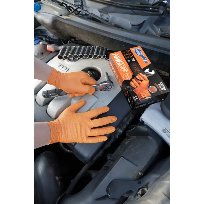 Dolphin PowerGrip Ekstra Kalın Turuncu Nitril Eldiven Elmas Dokulu L 50 Adet x 20 Paket - Koli