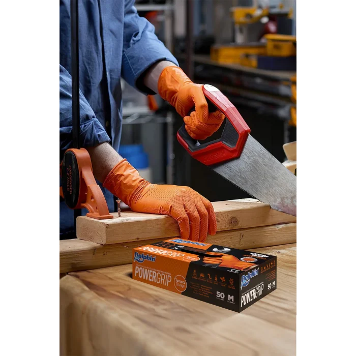 Dolphin PowerGrip Ekstra Kalın Turuncu Nitril Eldiven Elmas Dokulu M 50 Adet x 20 Paket - Koli