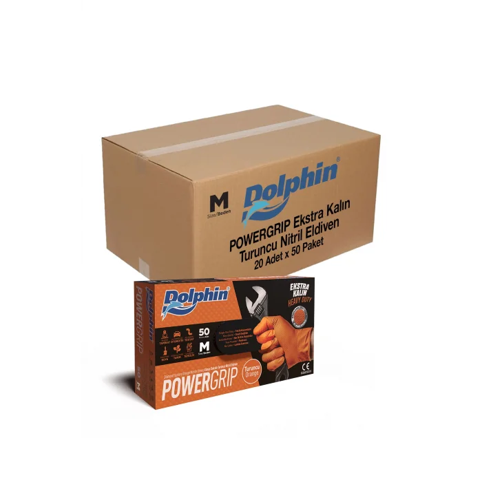 Dolphin PowerGrip Ekstra Kalın Turuncu Nitril Eldiven Elmas Dokulu M 50 Adet x 20 Paket - Koli