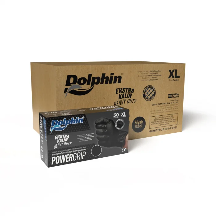 Dolphin PowerGrip Nitril Eldiven Ekstra Kalın Siyah XL Beden 50 Adet  x 20 Paket - Koli