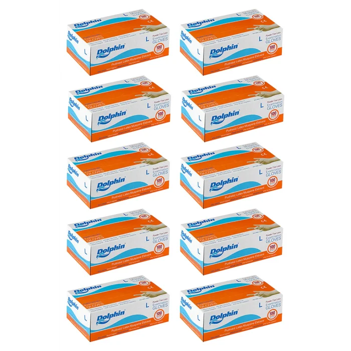 Dolphin Pudrasız Lateks Muayene Eldiveni L Beden 100 Adet x 10 Paket - MDR