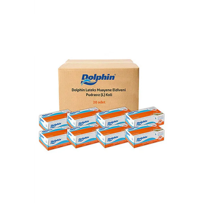 Dolphin Pudrasız Lateks Muayene Eldiveni L Beden 100 Adet x 20 Paket - MDR - Koli