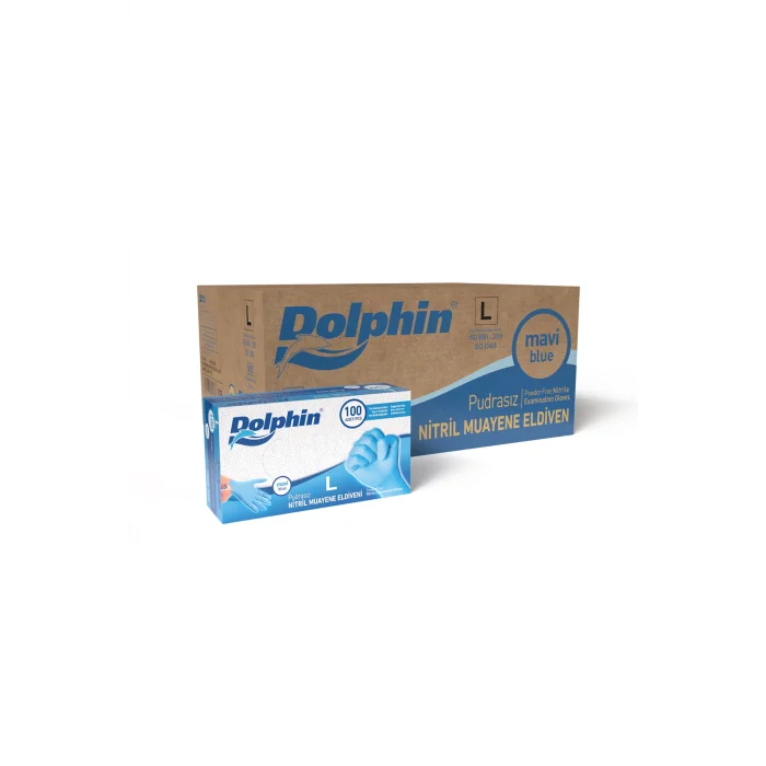 Dolphin Pudrasız Mavi Nitril Muayene Eldiveni L Beden | 20 Paket Koli - MDR