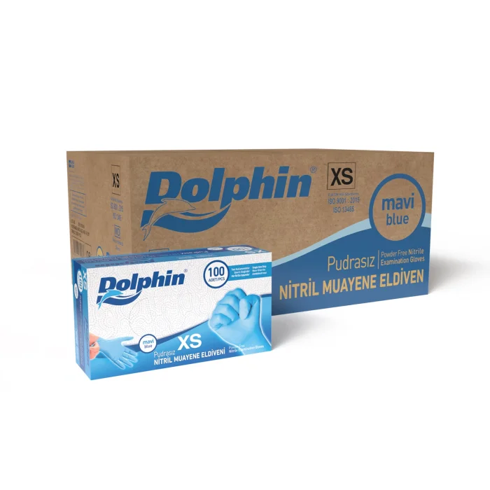 Dolphin Pudrasız Nitril Eldiven Mavi XS Beden 100 Adet | 20 Paket - Koli