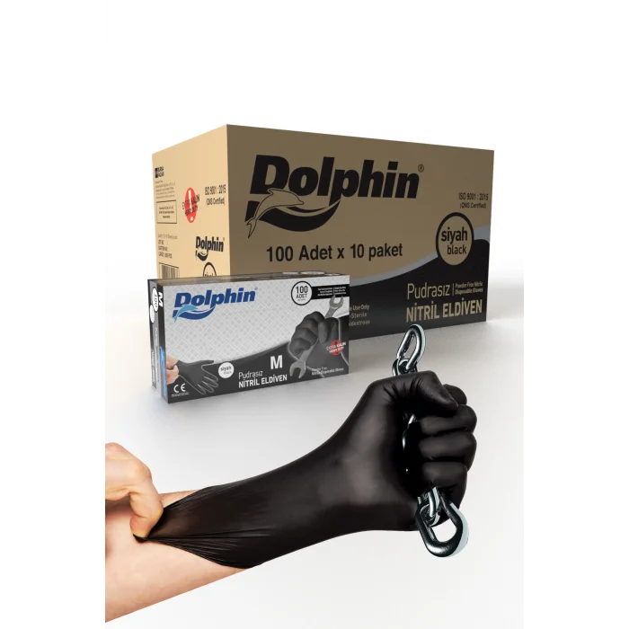Dolphin Siyah Nitril Eldiven Pudrasız Ekstra Kalın M 100 Adet x 10 Paket - Koli