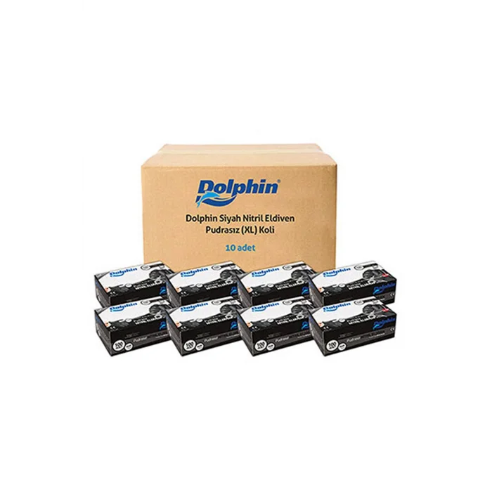 Dolphin Siyah Nitril Eldiven Pudrasız Ekstra Kalın XL 100 Adet x 10 Paket - Koli