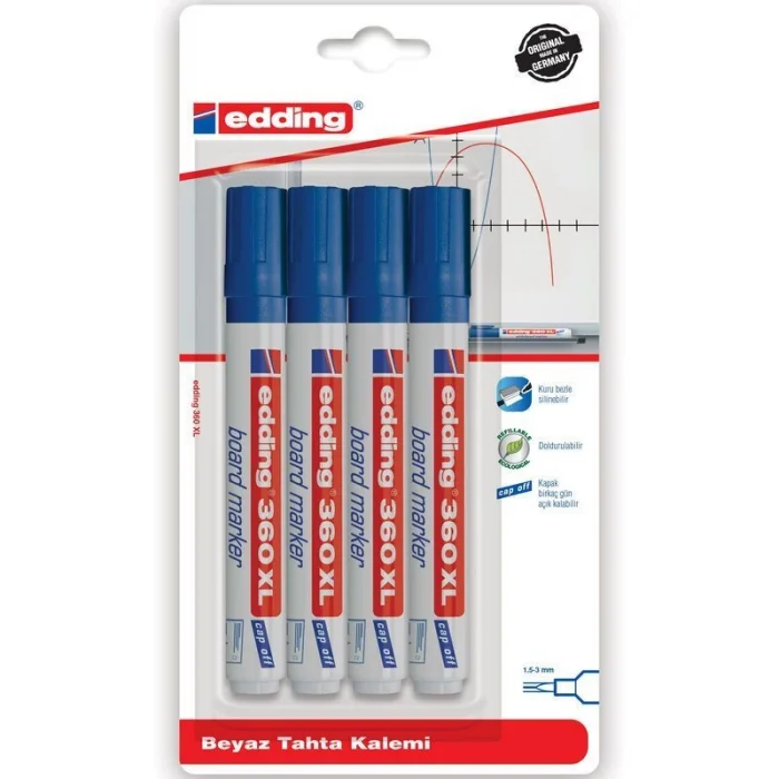 Edding 360 XL Whiteboard Marker Doldurulabilir Yazı Tahtası Kalemi Seti 4lü Mavi