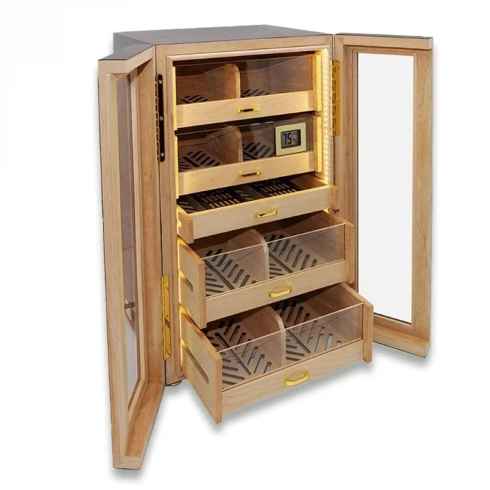 Elektronik Nemlendiricili Camlı 4 Çekmeceli Işıklı Puro Kutusu Humidor Abanoz 200s