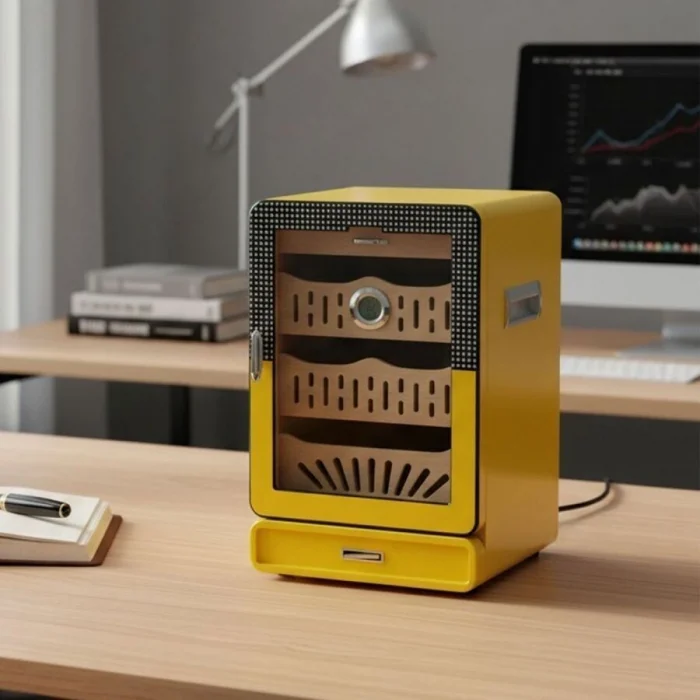 Elektronik Nemlendiricili Camlı 4 Çekmeceli Puro Kutusu Humidor Sarı