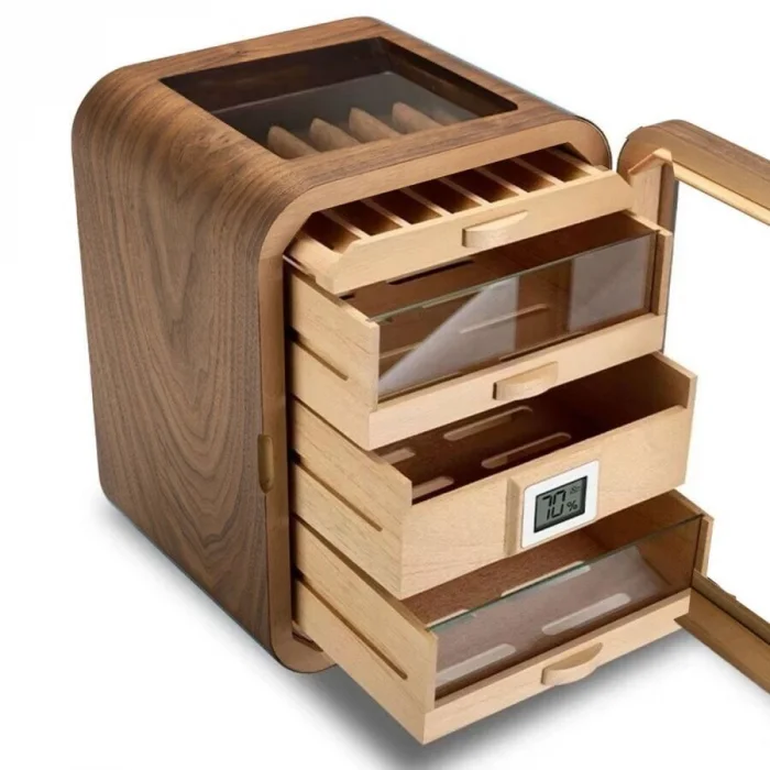 Elektronik Nemlendiricili Camlı 5 Çekmeceli Puro Kutusu Humidor Skylight Ceviz