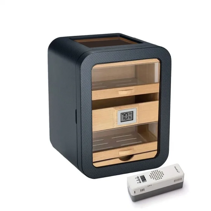Elektronik Nemlendiricili Camlı 5 Çekmeceli Puro Kutusu Humidor Skylight Karbon Desen