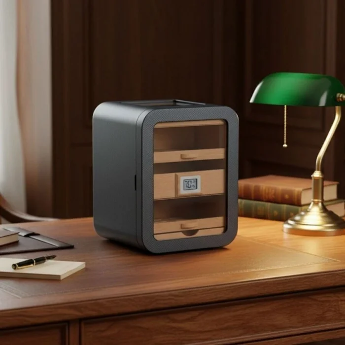 Elektronik Nemlendiricili Camlı 5 Çekmeceli Puro Kutusu Humidor Skylight Karbon Desen