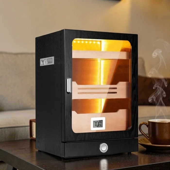 Elektronik Nemlendiricili Camlı Işıklı Puro Kutusu Humidor Siyah
