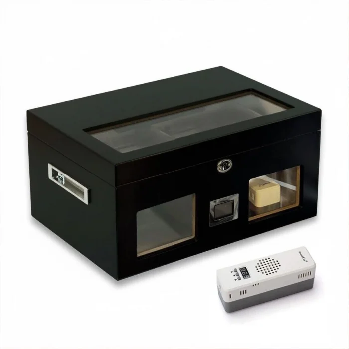 Elektronik Nemlendiricili Camlı Puro Kutusu Humidor Mat Siyah