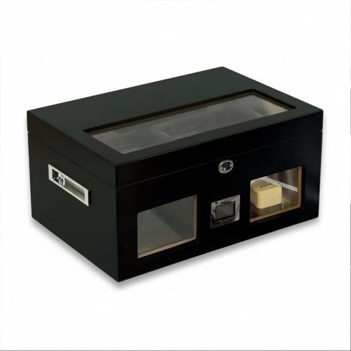 Elektronik Nemlendiricili Camlı Puro Kutusu Humidor Mat Siyah