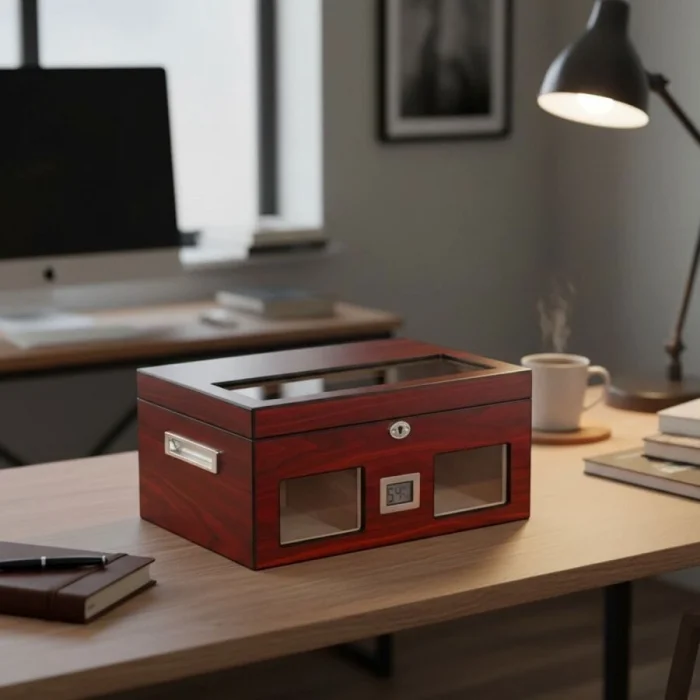 Elektronik Nemlendiricili Camlı Puro Kutusu Humidor Maun