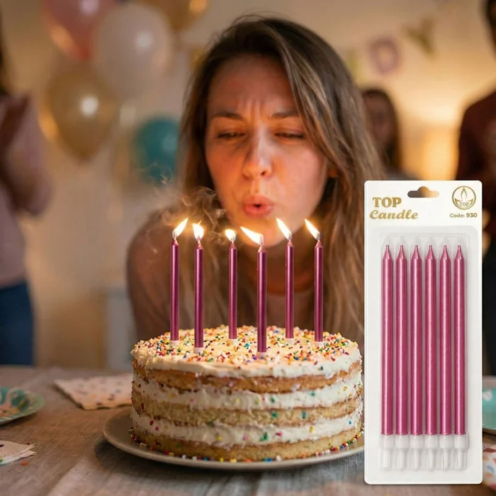 Fuşya Uzun Pasta Mum Seti 15cm 6 Parça