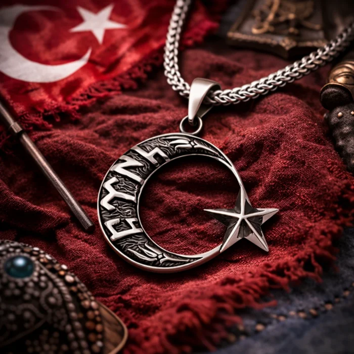 Gümüş Göktürkçe Türk Yazılı Ay Yıldız Erkek Kolye
