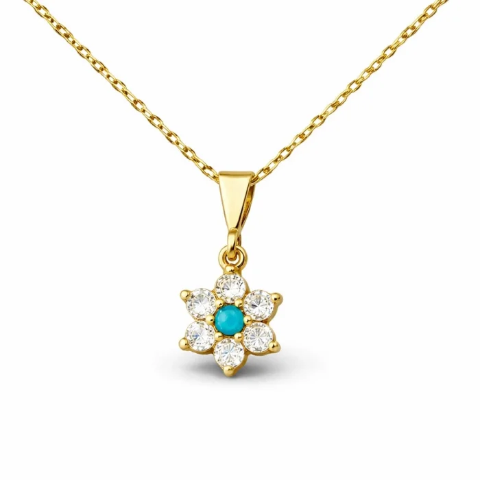 Gümüş Mavi Taşlı Gold Çiçek Kadın Kolye