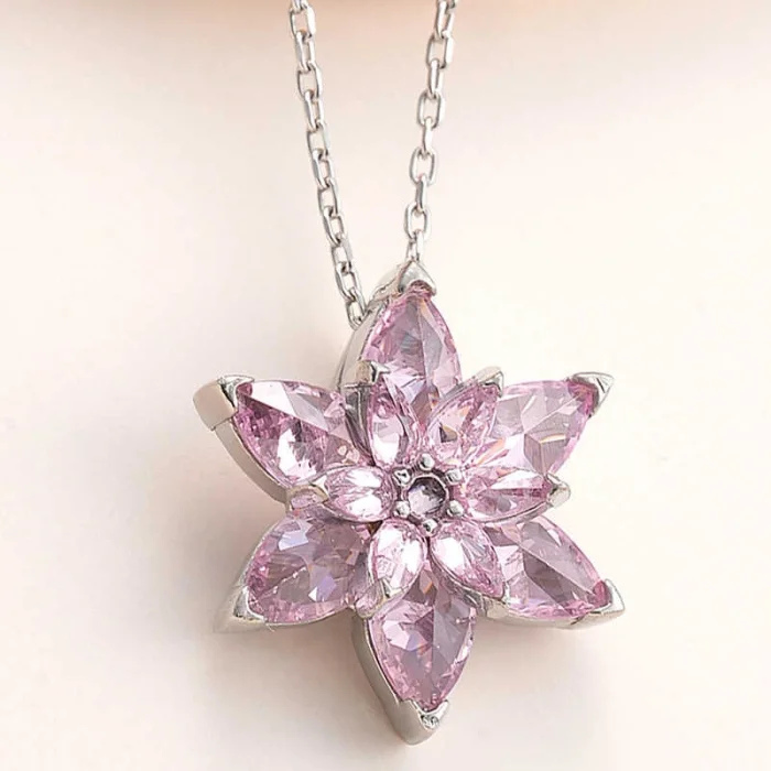 Gümüş Pembe Lotus Çiçeği Kolye