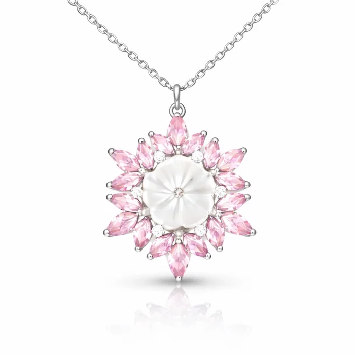Gümüş Pembe Lotus Desenli Çiçek Kadın Kolye