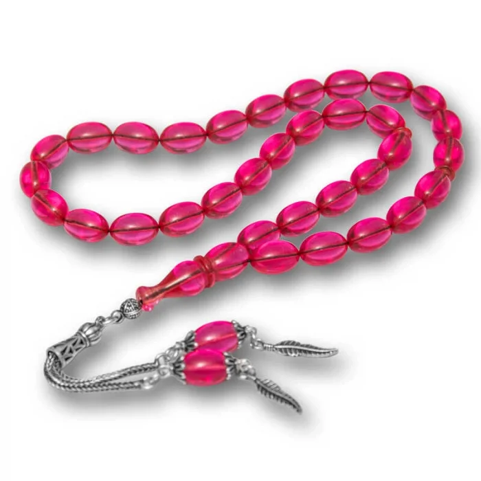 Gümüş Püsküllü Pembe Ateş Kehribar Tesbih