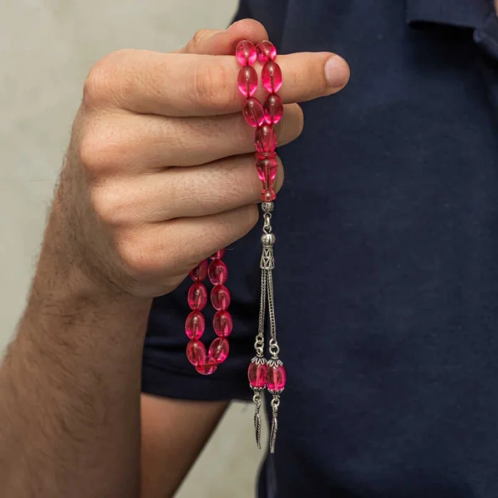 Gümüş Püsküllü Pembe Ateş Kehribar Tesbih