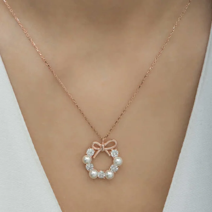 Gümüş Rose İnci Kurdele Kadın Kolye