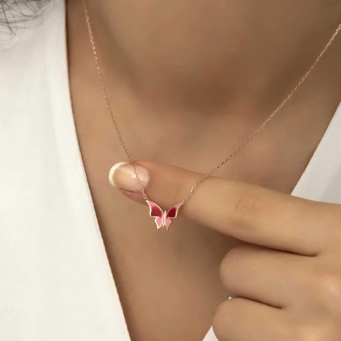 Gümüş Rose Minimal Kelebek Bayan Kolye