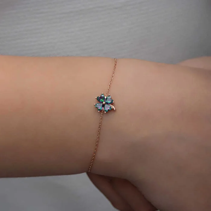 Gümüş Rose Mistik Topaz Yonca Kadın Bileklik