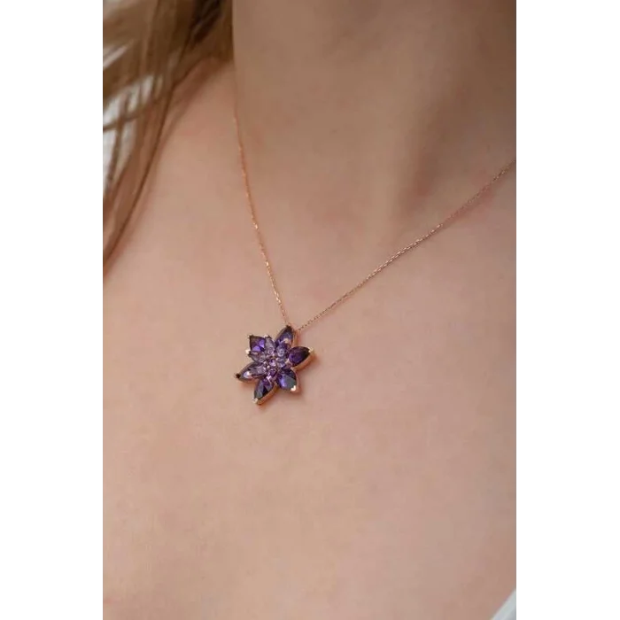 Gümüş Rose Mor Lotus Çiçeği Kolye