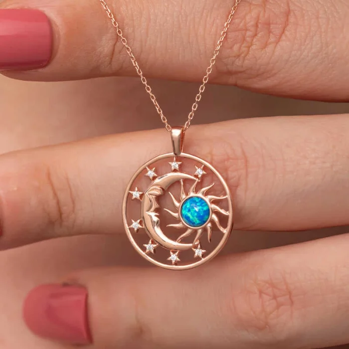 Gümüş Rose Opal Mavi Taşlı Ay Güneş Kadın Kolye