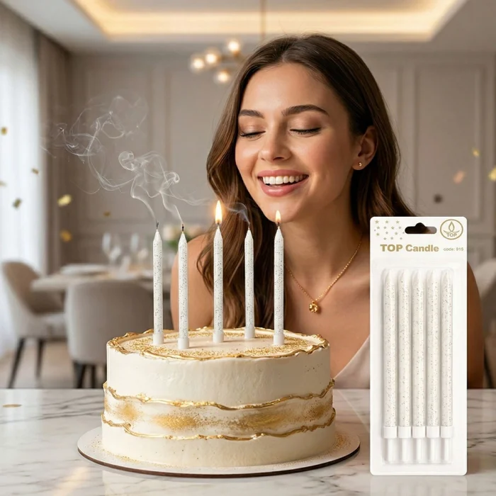 Gümüş Simli Beyaz Pasta Mumu Seti 15 cm 6 Parça