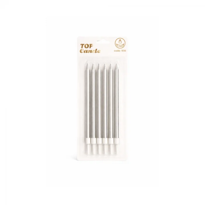 Gümüş Uzun Pasta Mum Seti 15cm 6 Parça