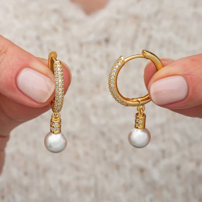 Gümüş Zirkon Taşlı Gold Halka İnci Küpe
