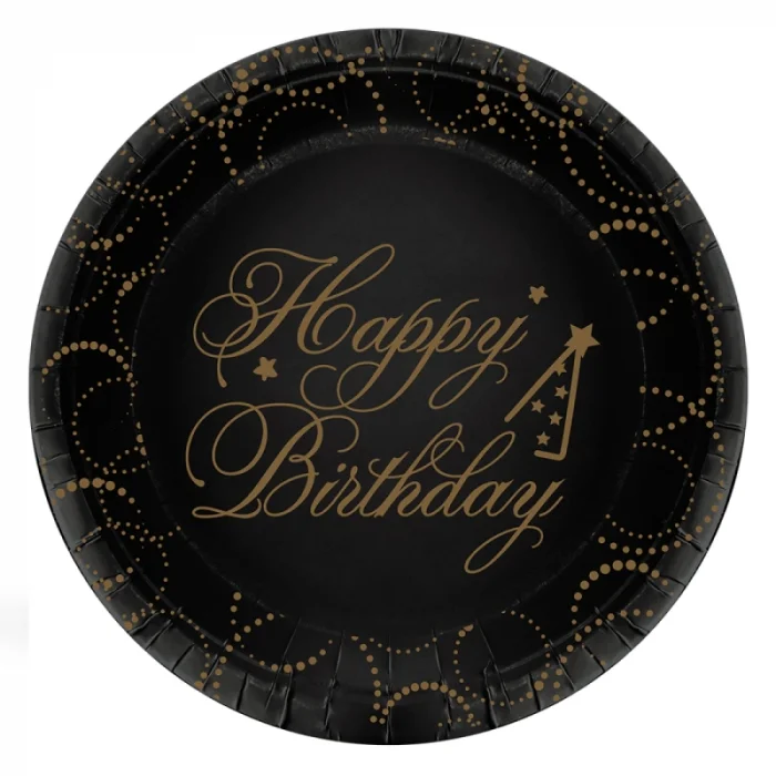 Happy Birthday Elegant Siyah Karton Tabak 23cm