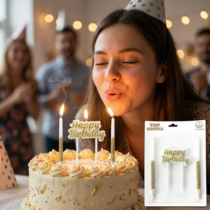 Happy Birthday Yazılı Altın Simli Pasta Mumu Seti