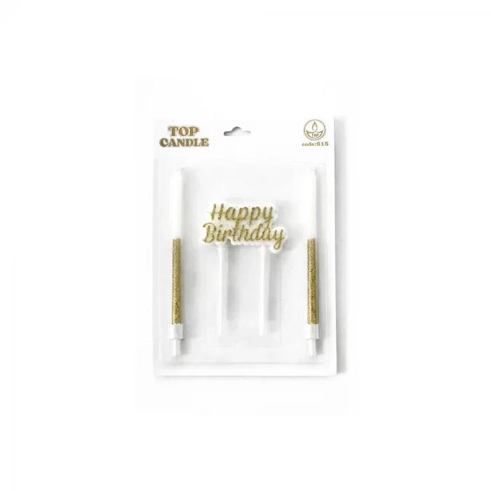 Happy Birthday Yazılı Altın Simli Pasta Mumu Seti