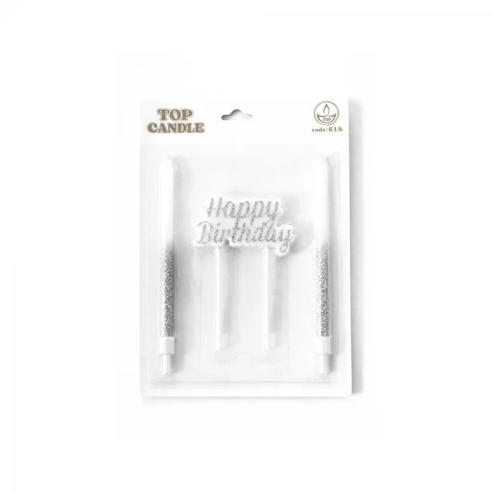 Happy Birthday Yazılı Gümüş Simli Pasta Mumu Seti
